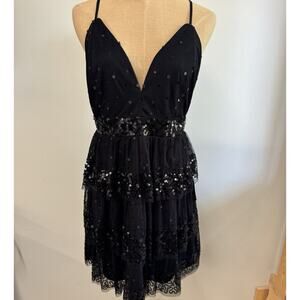 NWT LULUS Reflect Radiance Black Tulle Sequin Tiered Mini Dress L, Goth fairy